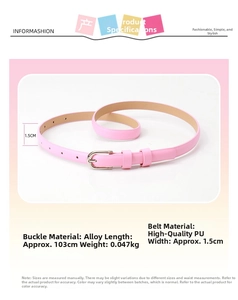 Detailed view of pink PU leather skinny belt showing 1.5cm width and 103cm length specs