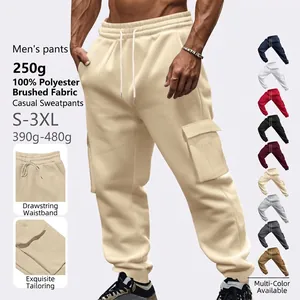 Men's Cargo Jogger Sweatpants Solid Color Polyester Fleece Lining Drawstring Elastic Waist Casual Streetwear Pants