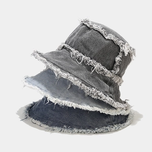 Washed Denim Cotton Frayed Edges Reversible Bucket Hat Sun Protection British Retro Streetwear Accessory For Women