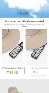 Detail showing UV protection test on beige sun hat blocking over 99% of harmful rays