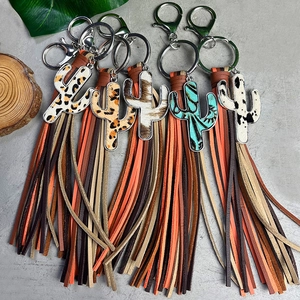 Southwest Style Leather Cactus Tassel Keychain Vintage Cowhide Alloy Bag Pendant Leopard Cow Print Key Ring For Women
