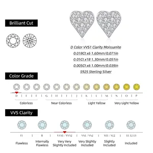 Boucles d'oreilles cœur en argent S925 avec moissanite, détails sur la pureté D-VVS1 et la taille