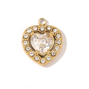 Macro shot of gold heart pendant with central clear zircon and micro-pave setting