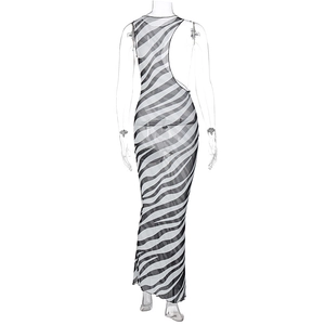 Detailed back view of sleeveless bodycon dress featuring black and white zebra print