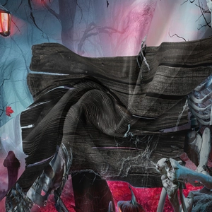 Close-up of gothic Halloween tapestry featuring detailed skull and bone prints on wood texture
