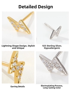 Detailed macro view of S925 sterling silver lightning bolt stud earrings with cubic zirconia