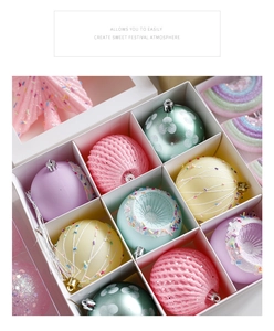Detail view of candy-colored Christmas ornament set in a 9-grid gift box with pastel finishes