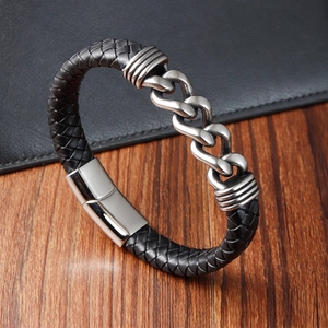 Men Braided Leather Bracelet With 316L Stainless Steel Cuban Chain Multi Layer Fashion Punk Magnetic Buckle Jewelry
