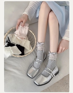 Detail of sweet Lolita crew socks with lace trim and bow knot paired with Mary Janes