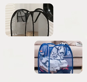 Foldable mesh laundry basket detail with side pocket and sturdy handles for storage