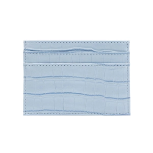 Detail shot of light blue PU leather card holder with crocodile pattern and multiple card slots