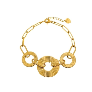 Minimalist gold stainless steel hammered circle link bracelet on white background