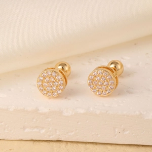 Close-up of golden round stud earrings with shimmering micro-paved zircons and bead backings