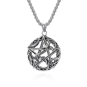 Collier Pendentif Pentagramme Serpent Rétro Style Gothique Satanique Punk Bijoux En Acier Titane Pour Hommes Femmes
