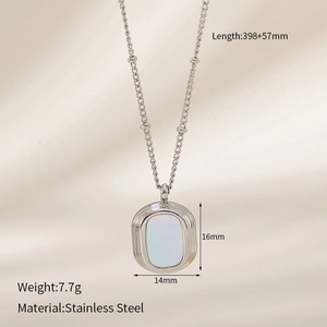 Detailed specs of stainless steel necklace with white shell pendant and O-chain length info
