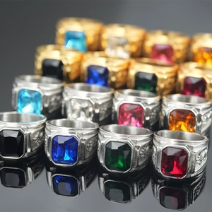 Men Signet Ring Stainless Steel Dragon Relief Rectangular Synthetic Gemstone Retro Punk Hip Hop Jewelry