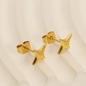 Polished gold four-pointed star stud earrings made of titanium steel for women