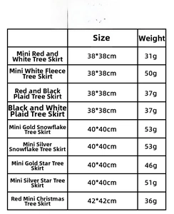 Size specification table for various styles of mini Christmas tree skirts and decorations