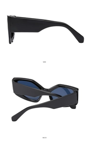 Detail view of bold black square frame sunglasses with wide temples from side and back