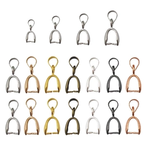 Pinch bails for jewelry pendants in multiple sizes and metallic finishes on white background