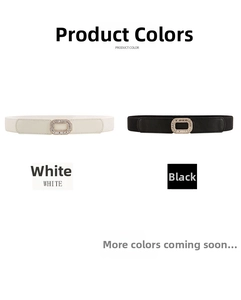Detail of elastic waist belts in black and white with rhinestone encrusted buckles