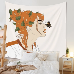Tapisserie murale artistique avec dessin minimaliste d'une femme et d'un papillon