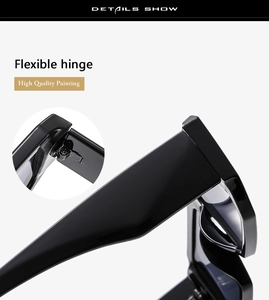 Detailed close-up showing flexible hinges and premium glossy finish on black sunglasses