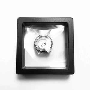 Top view of a size 7 silver titanium steel ring with pavé crystals in a display box