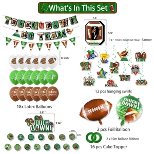 American football party decoration set with latex balloons, banners, and cake toppers