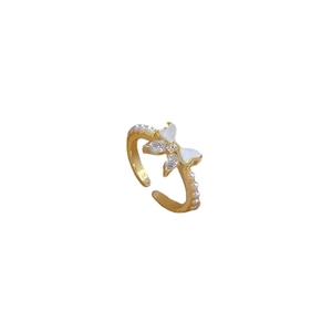 Adjustable gold butterfly ring with white enamel, zircon accents and tiny pearls