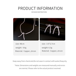 Detailed specs of zircon bow jewelry set showing necklace and earrings dimensions