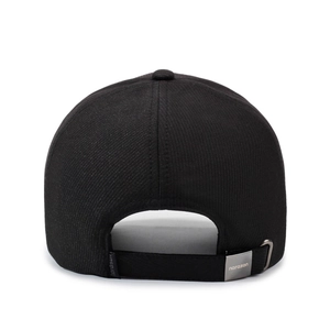Classic black baseball cap rear view featuring adjustable strap and silver metal buckle