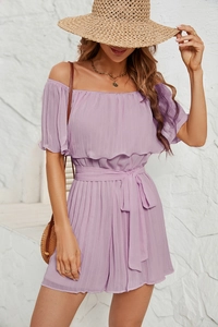 Detail of lavender off-shoulder pleated romper with matching waist belt for summer