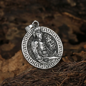 Retro stainless steel Spartan warrior medallion pendant with Greek key border motif