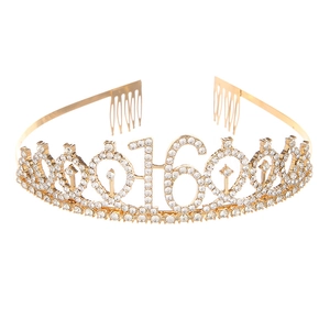 Golden 16th birthday tiara with rhinestones and built-in hair combs for girls