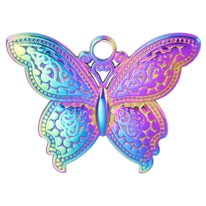 Pendentif papillon arc-en-ciel en acier inoxydable avec motifs ajourés