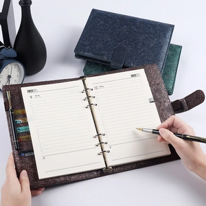A5 embossed PU leather refillable notebook with 6-ring binder and inner card slots