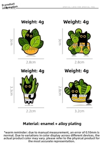 Detailed size specifications for four enamel black cat and plant cartoon brooches