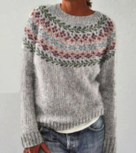 Detail of round neckline with floral and leaf pattern on a grey knit sweater