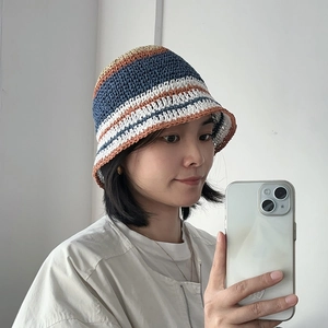 Women's Handmade Paper Straw Striped Bucket Hat Summer Breathable Foldable Crochet Fisherman Hat Sunshade Beach Sun Hat