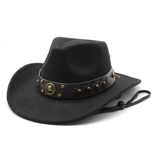 Detail of black wool cowboy hat with studded leather band and adjustable wind rope