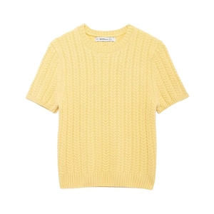 Top a maniche corte in maglia gialla con scollo rotondo e motivo a treccia
