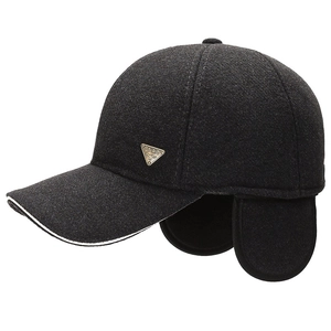 Winter baseball cap for men with ear flaps in dark grey wool blend and metal badge
