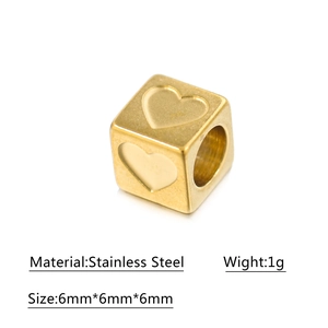 6mm golden stainless steel square bead with heart engraving and product dimensions