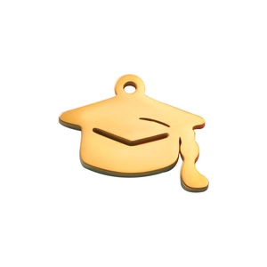 Detailed view of a golden stainless steel graduation cap pendant with a fine tassel