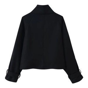 Back view of black short jacket with stand collar and wide cuff button details