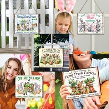 Detail shots of Easter wooden signs with rabbits and carrots in garden settings