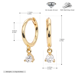 Close-up of 925 sterling silver gold earrings with 5A zircon pendant and detailed size specs
