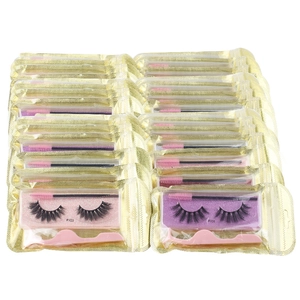 Bulk set of 3D thick curly false eyelashes with pink brushes and tweezers in gold foil bags
