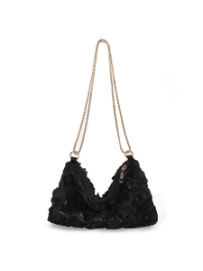 Black crescent evening bag with 3D satin rose petals and a gold metal chain strap